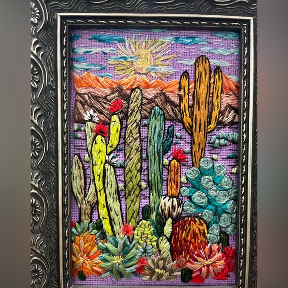 Colorful handmade Cactus Embroidery in Ornate Frame 6 by 8 inches - Picture 3 of 4